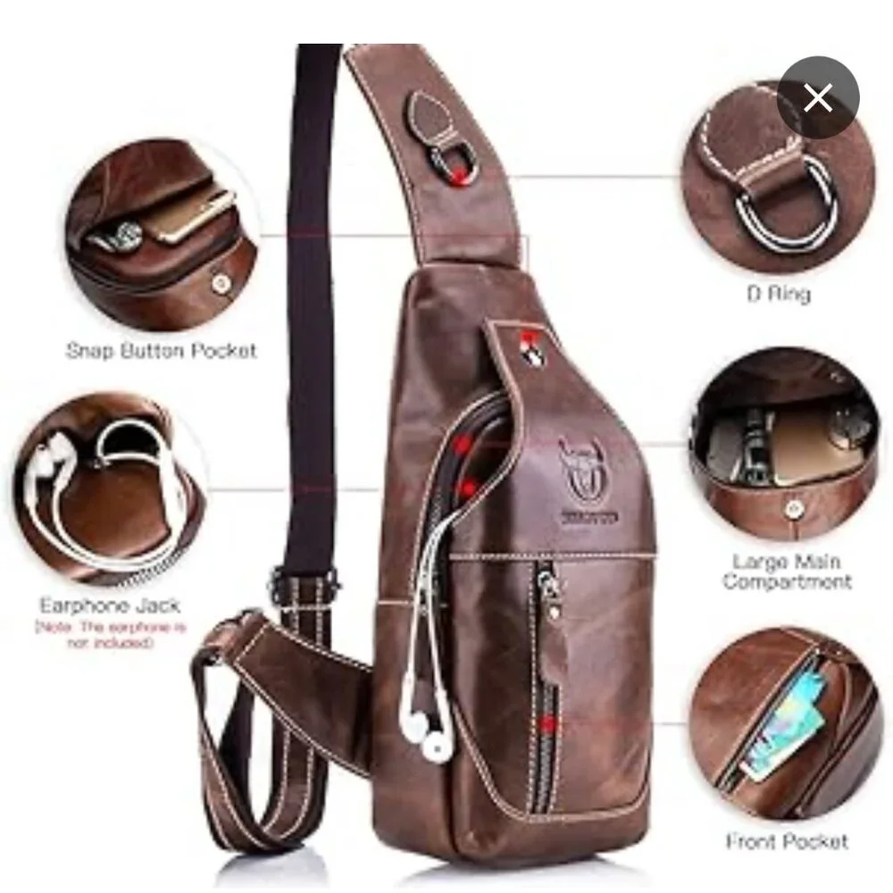 BULLCAPTAIN Genuine Leather Sling Bag Casual Shoulder Chest Crossbody